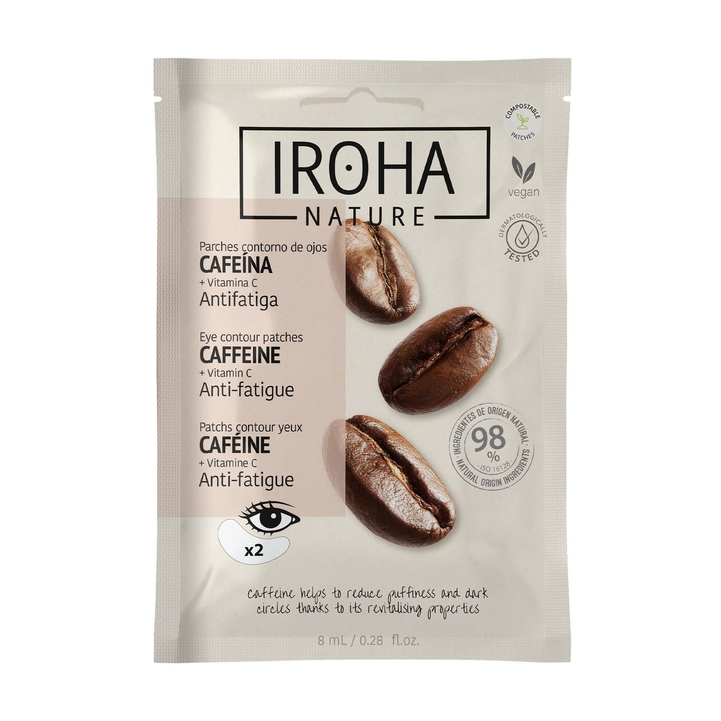 Патчі для шкіри навколо очей Iroha Nature Caffeine + Vitamin C Anti-Fatigue Eye Contour Patches проти втоми, з кофеїном та вітаміном С, 2 шт